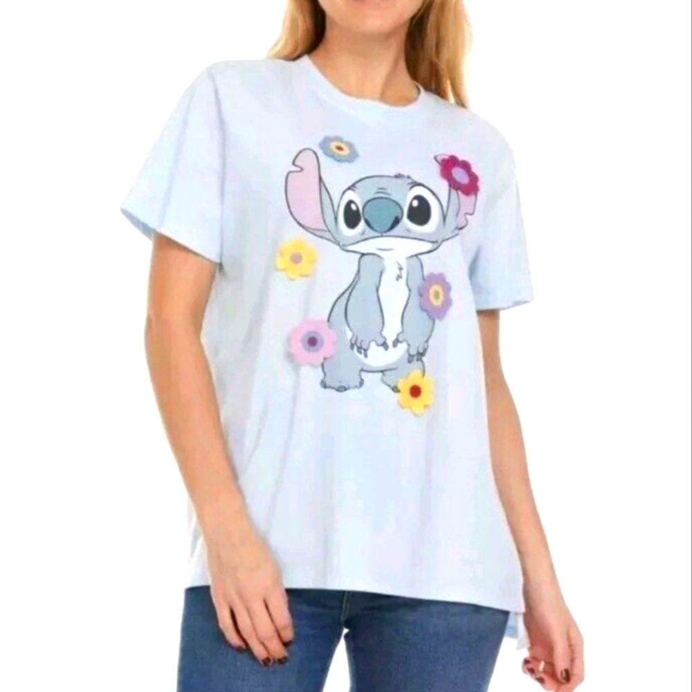 Disney Stich Crochet Flowers Short Sleeve Shirt Blue Size XXL